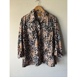 Ruby Rd. Collared Linen Brown Black Button Down Notch Sleeve Short Top 1X Resort